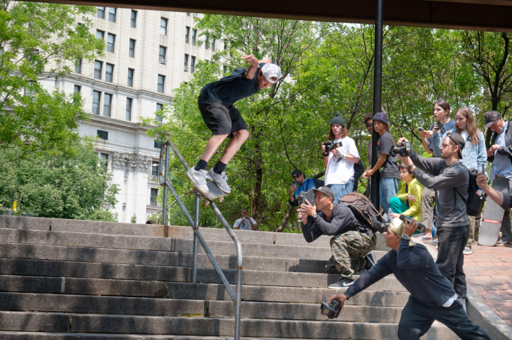 Jiro Platt, 17, from Chinatown, rides the rail of the “9 Stair.” “I finally get to skate in the spot that I’ve seen in the videos but never skated myself,” he said.